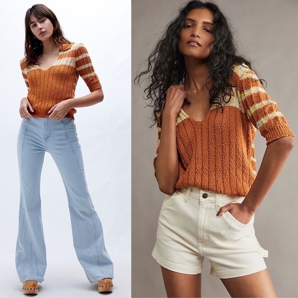 FREE PEOPLE 70s Cropped V-Neck Chunky Knit Striped Short Sleeve Henley Sweater S - Picture 1 of 14